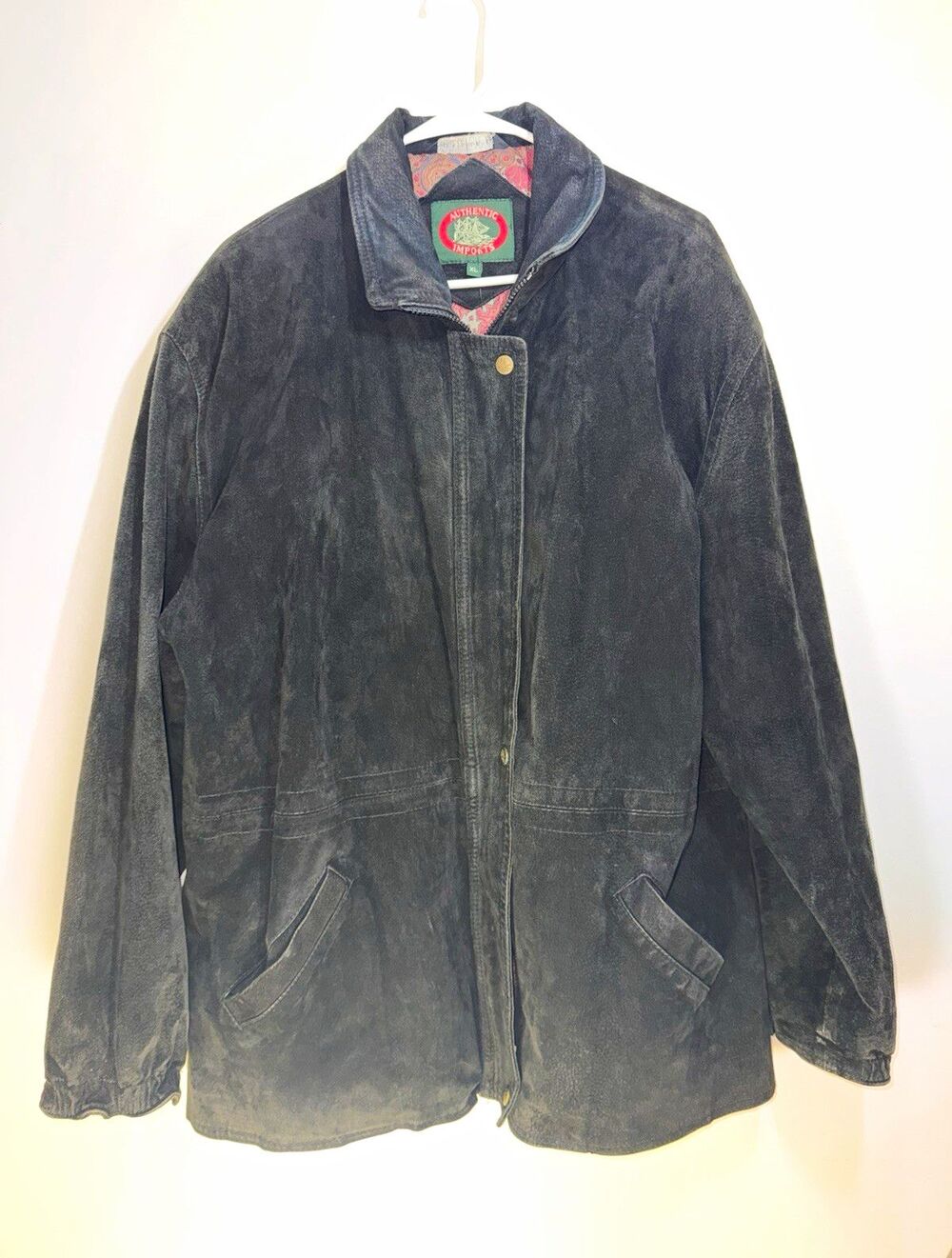 Authentic Imports Black Suede Zip/Button Lined Point Collar Jacket Pockets XL